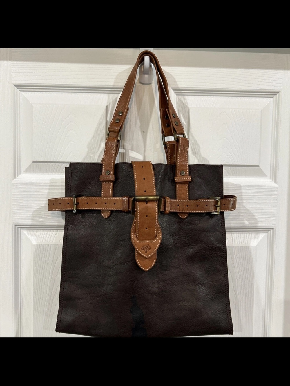 Mulberry Dark Brown Leather Tote with Tan Strap Detail